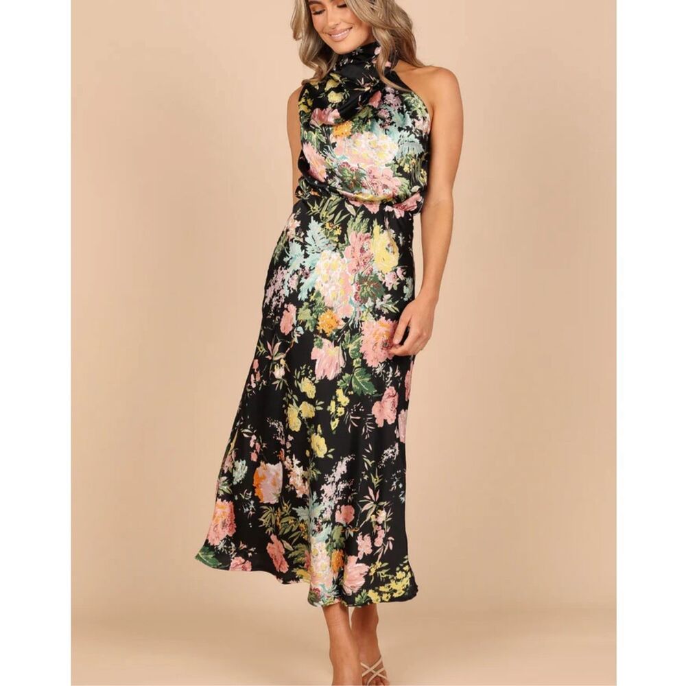 Petal & Pup Black Floral Halter Midi Dress with Pink and Yellow Blooms